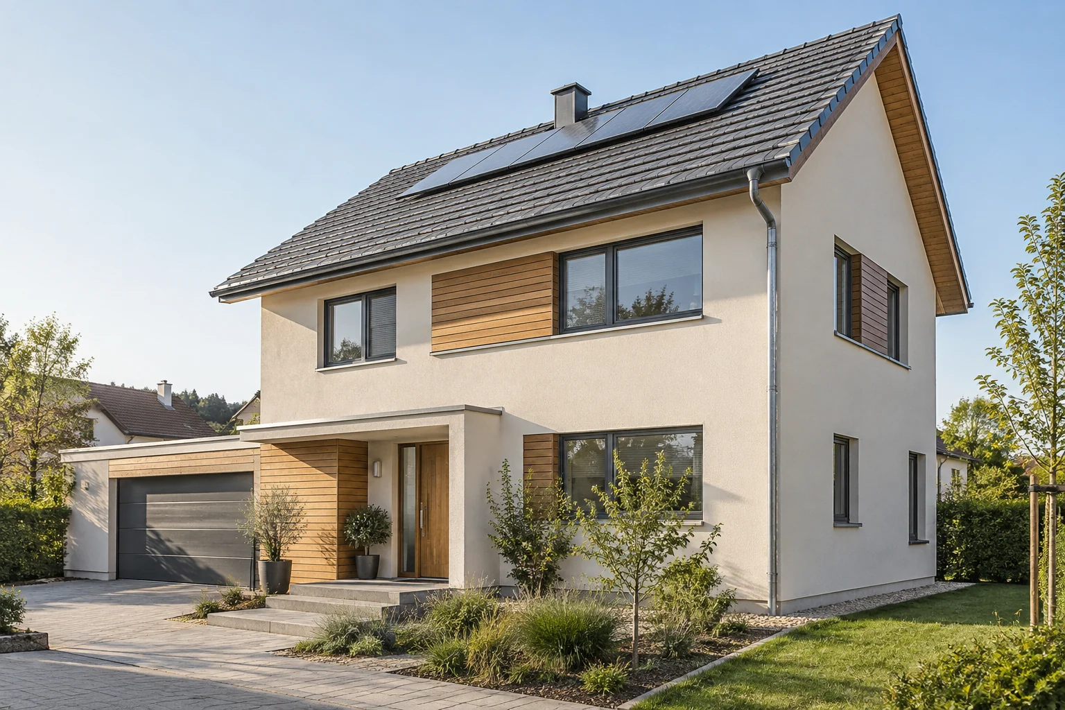 Visualisierung eines energieeffizienten Einfamilienhauses mit Solarmodulen