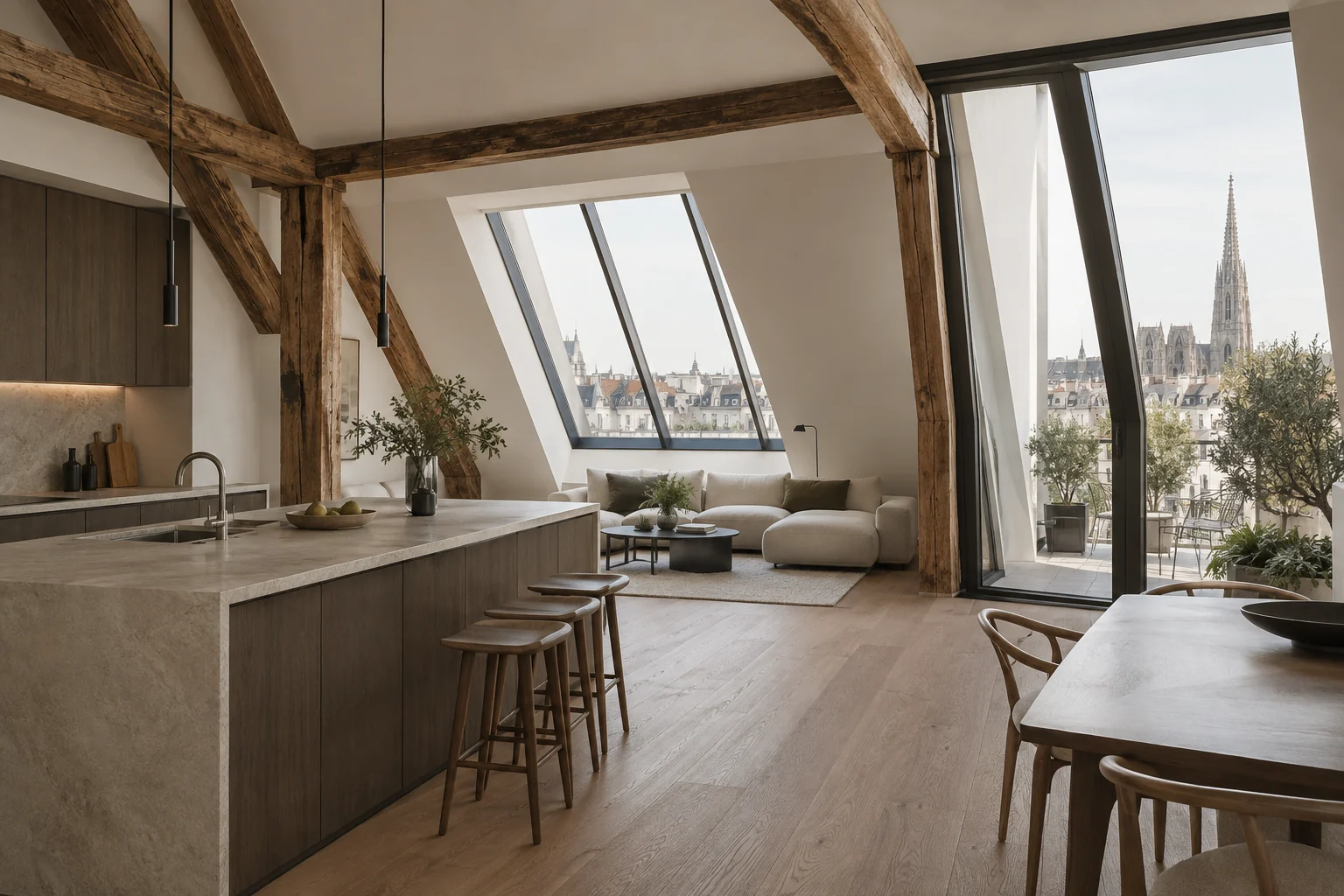 Visualisierung einer ausgebauten Dachgeschosswohnung mit Dachfenstern und Sichtbalken